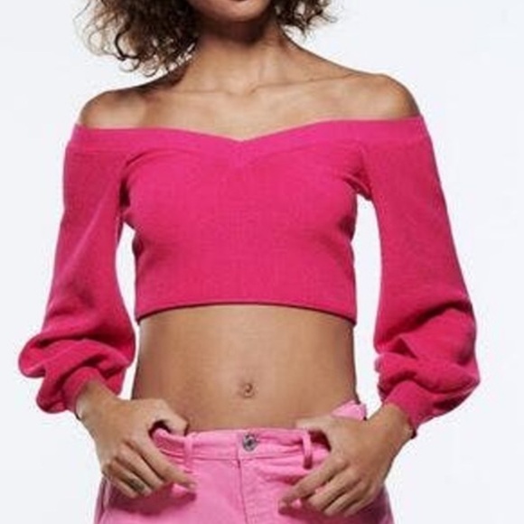 Zara Fuchsia Balloon Sleeve Knit Off Shoulder - Picture 1 of 5